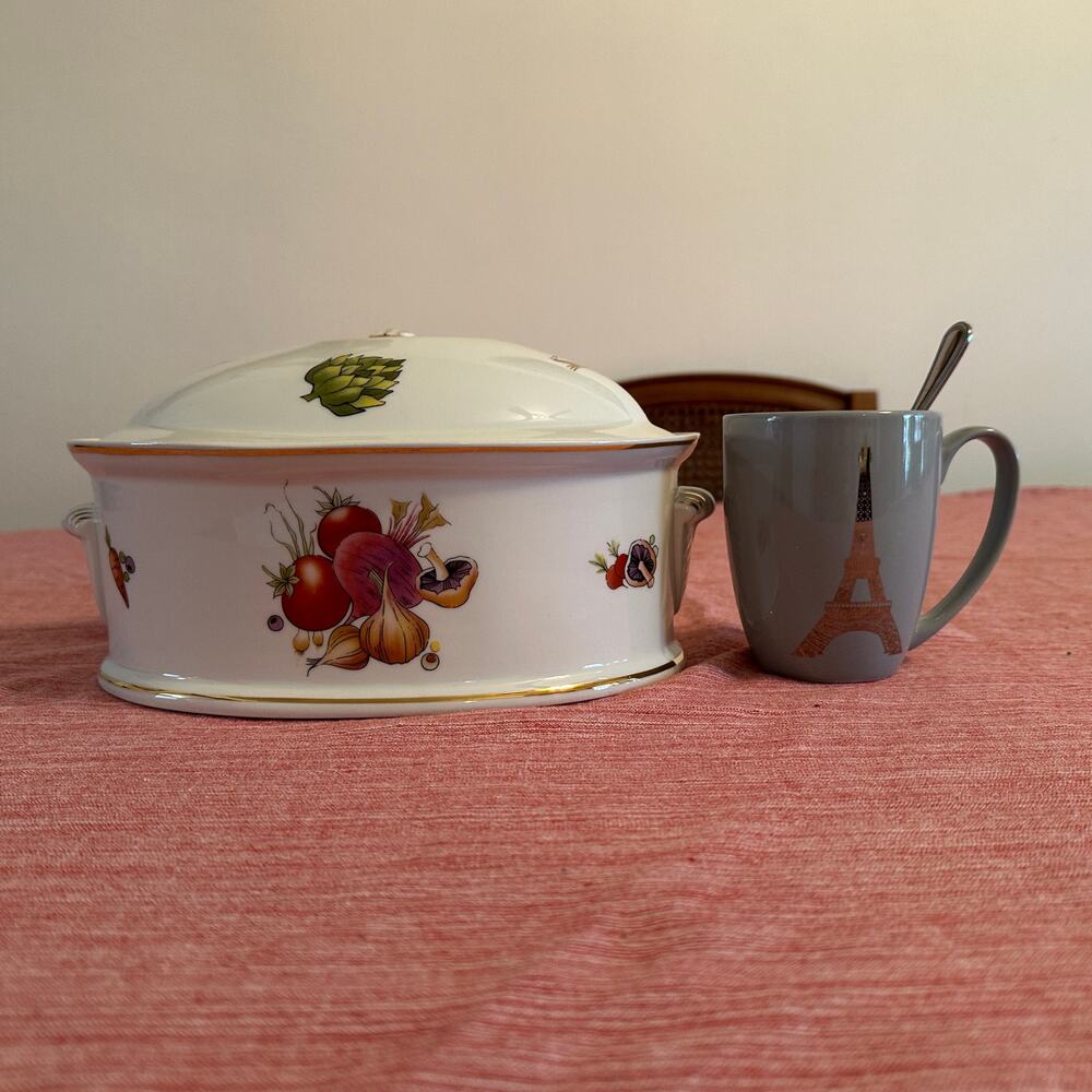Vtg Louis Lourioux Le Faune fireproof porcelain covered casserole dish veg motif